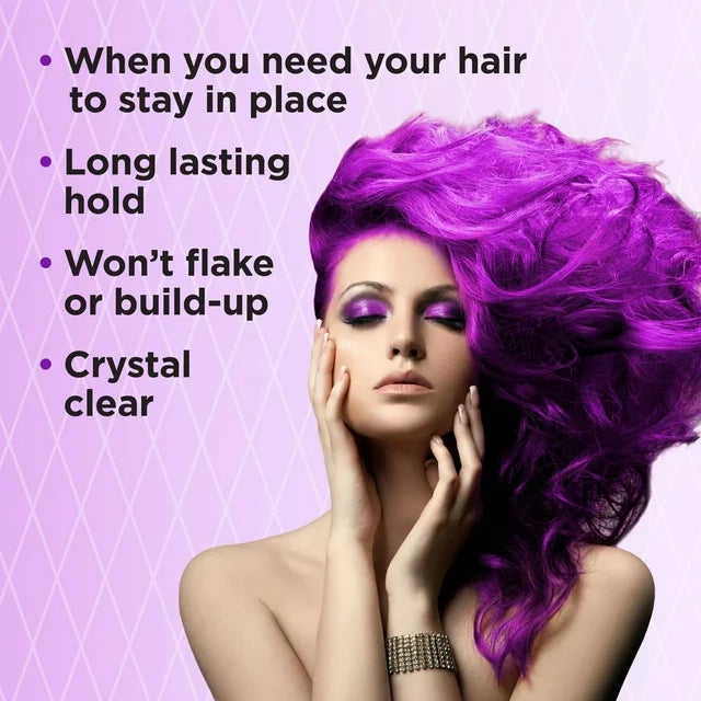 Woman with big purple hair: long lasting hold, won't flake, crystal clear