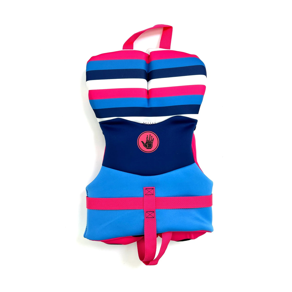 Back of the striped infant life vest with a pink crotch strap