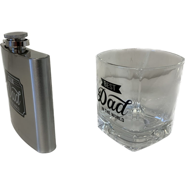 Side view of the steel flask and the Best Dad in the World rocks glass