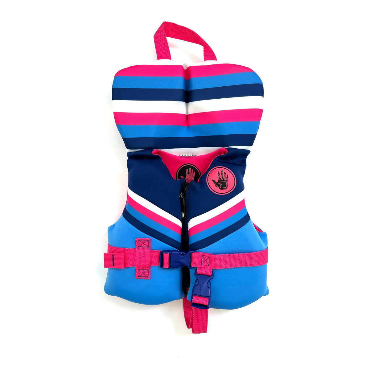 Front of the striped infant life vest with zip, buckles and grab handle