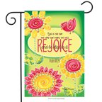 Green garden flag with bright folk-art flowers and Rejoice with a verse, on a stand