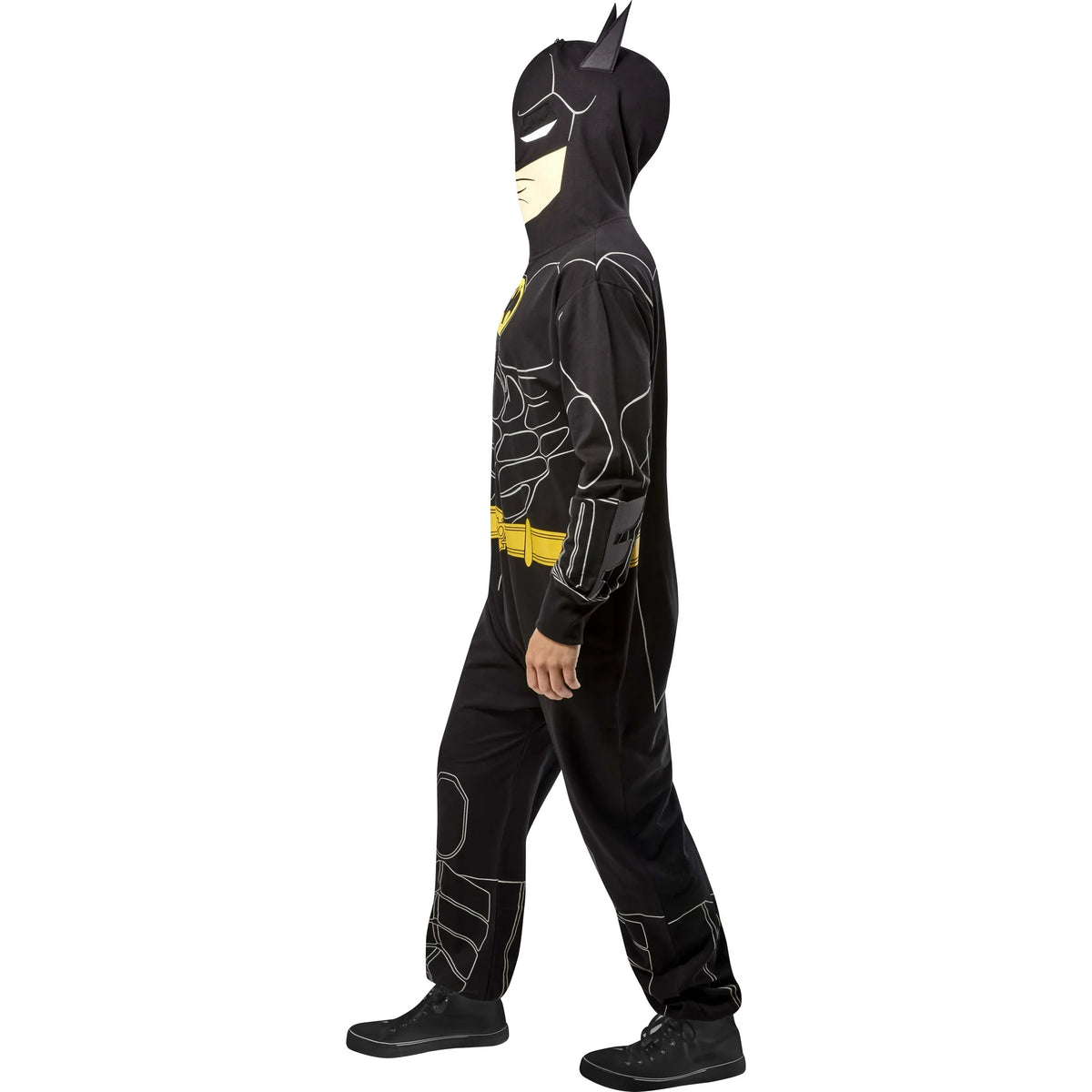 Left side view of the black onesie with printed mask hood and yellow belt