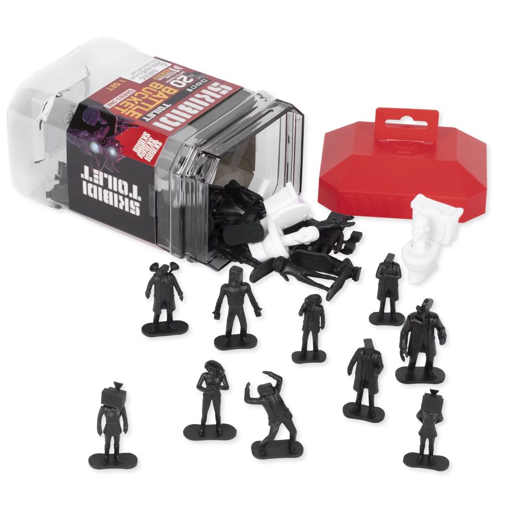 Battle Bucket tipped over with black figures and a white toilet figure spilling out