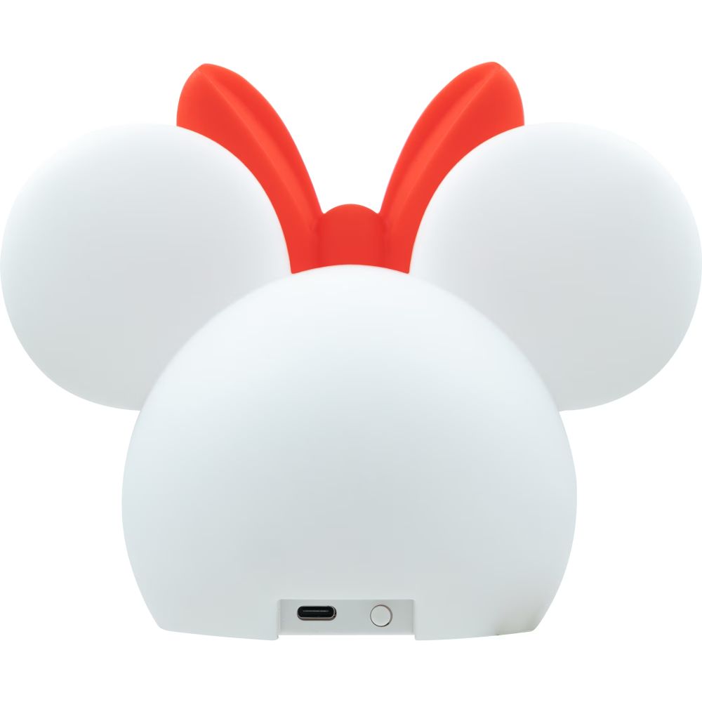 Back of the white Minnie Mouse lamp with red bow, USB-C port and button