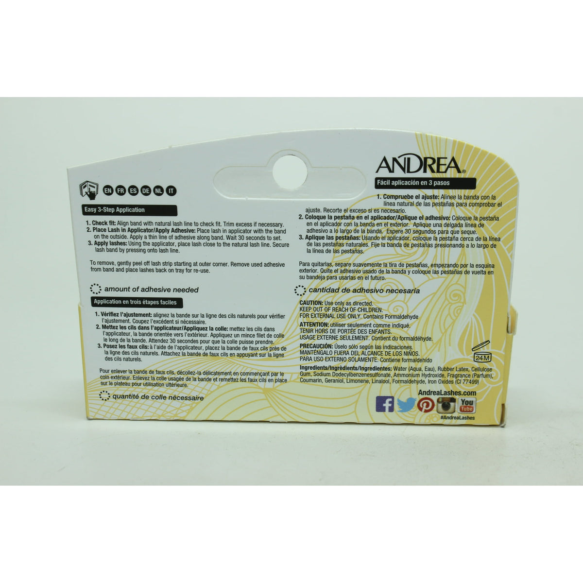 Back of the lash adhesive box with 3-step application, cautions and ingredients