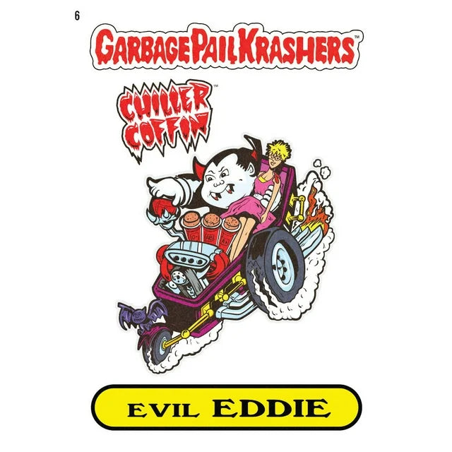 Trading card of a vampire kid racing a coffin car