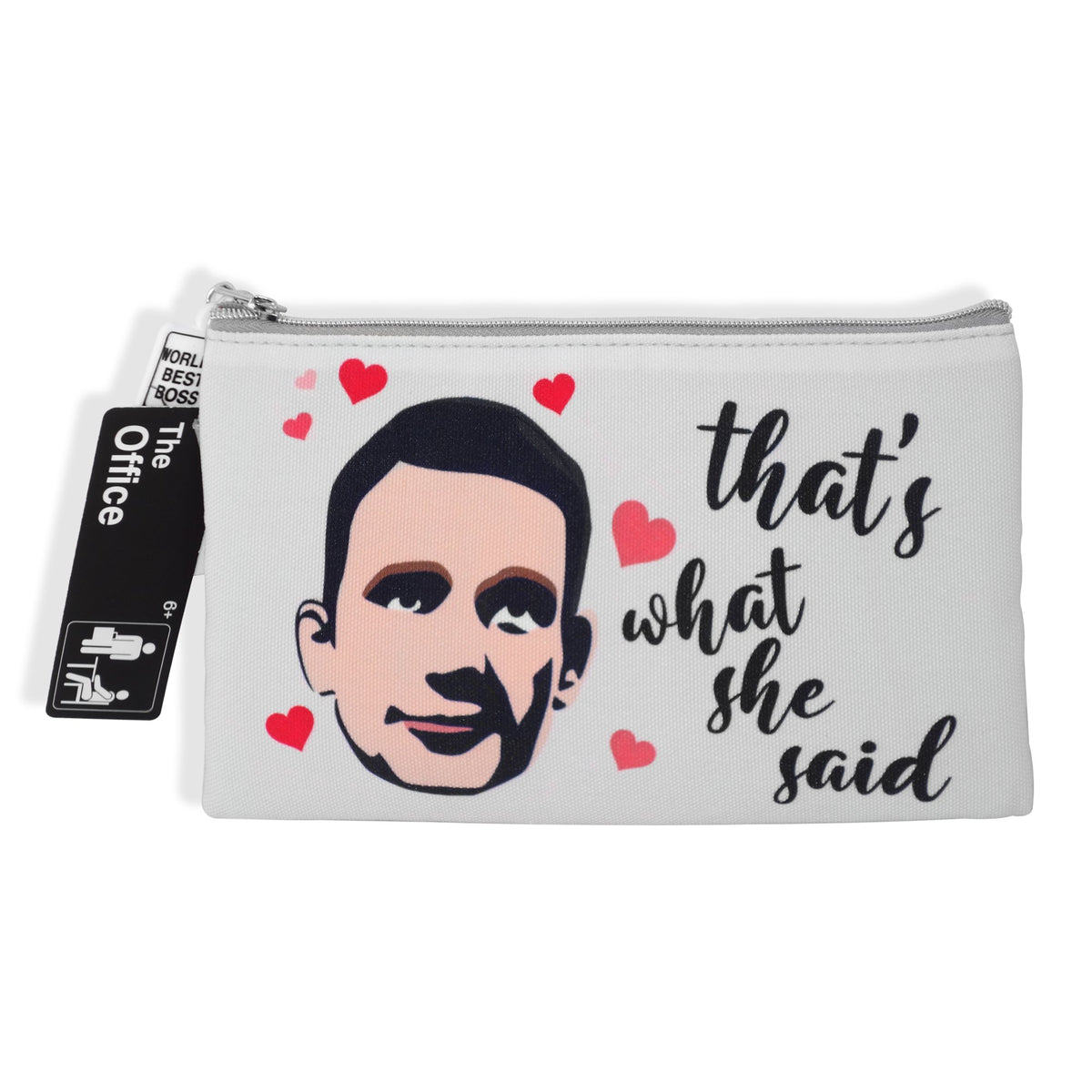 White canvas zip pouch with Michael Scott, red hearts and that's what she said