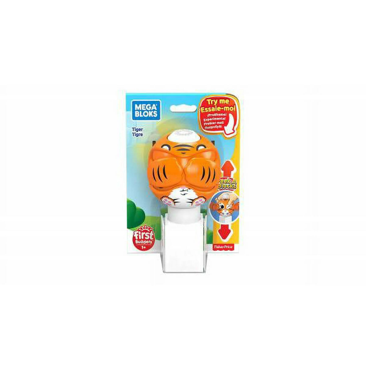 Carded orange tiger peek-a-block toddler toy with paws over its eyes on a white block