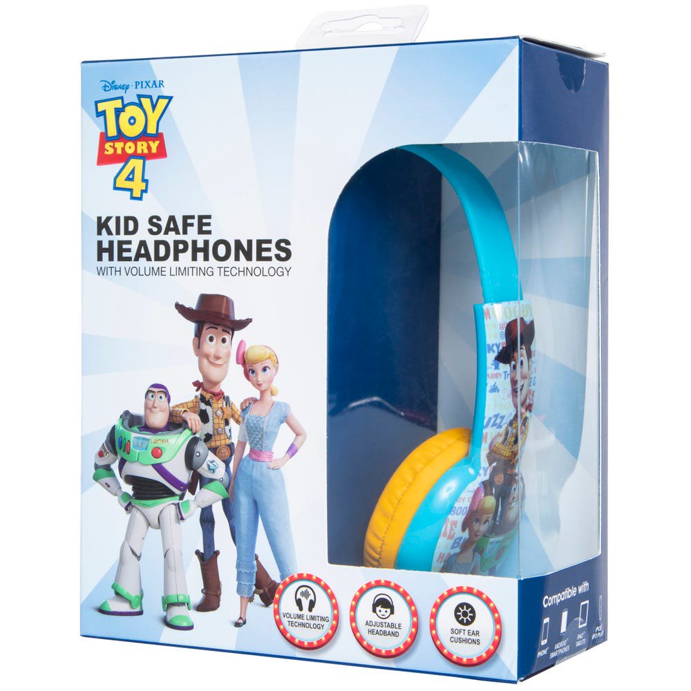 Angled view of the Toy Story 4 headphones in their window box