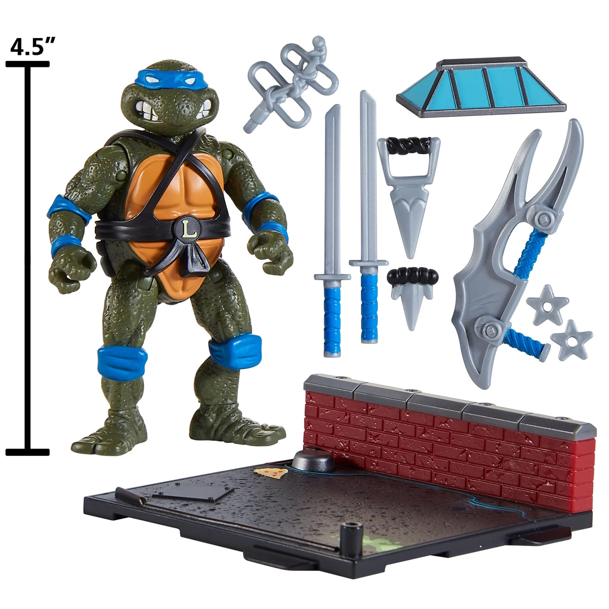 4.5 inch turtle figure with swords, weapons, skylight and brick wall base