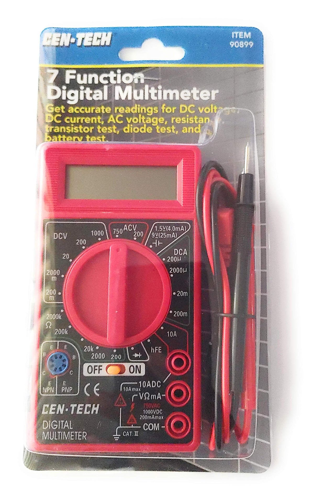 Cen-Tech 7 function red digital multimeter with test leads in blister pack, item 90899