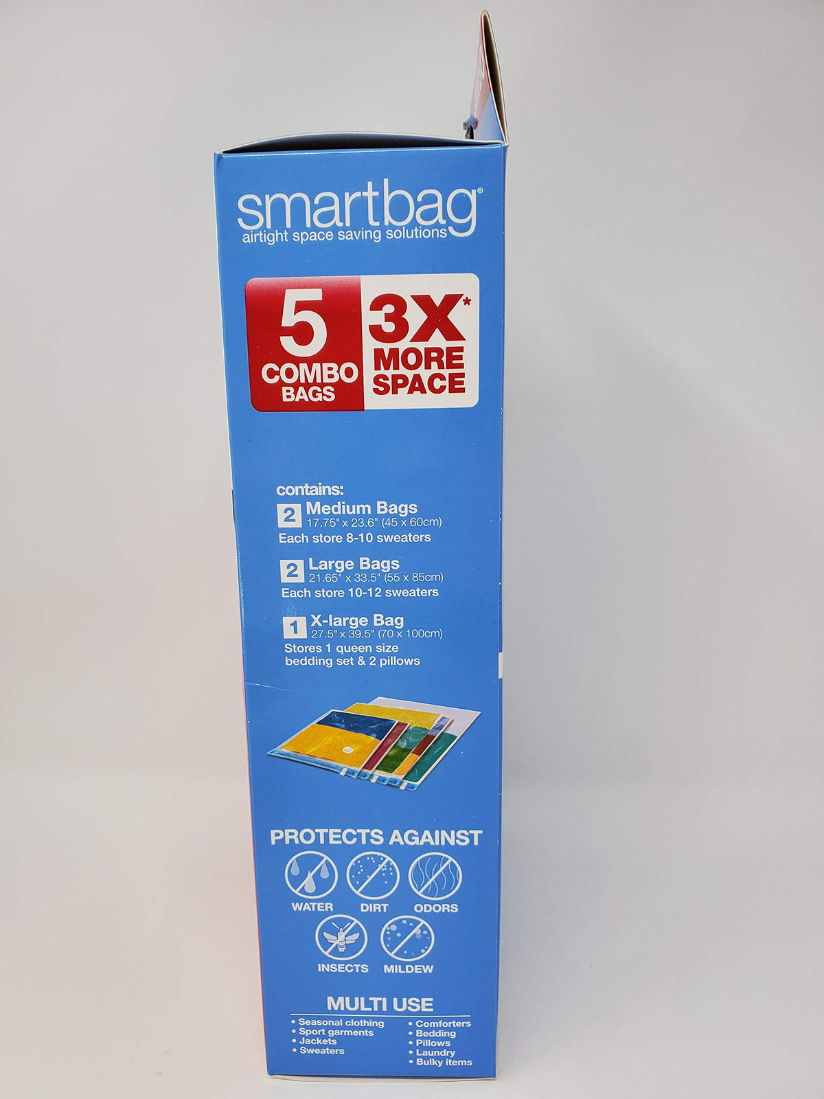 Side of the box listing 2 medium, 2 large and 1 extra-large bag and uses