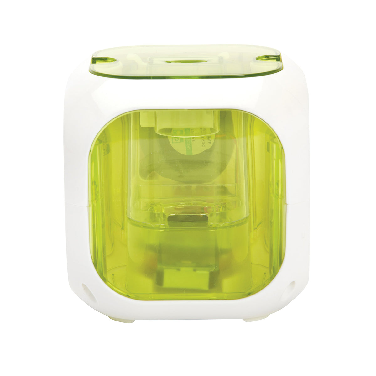 Straight-on view of the white cube with its lime green window and lid