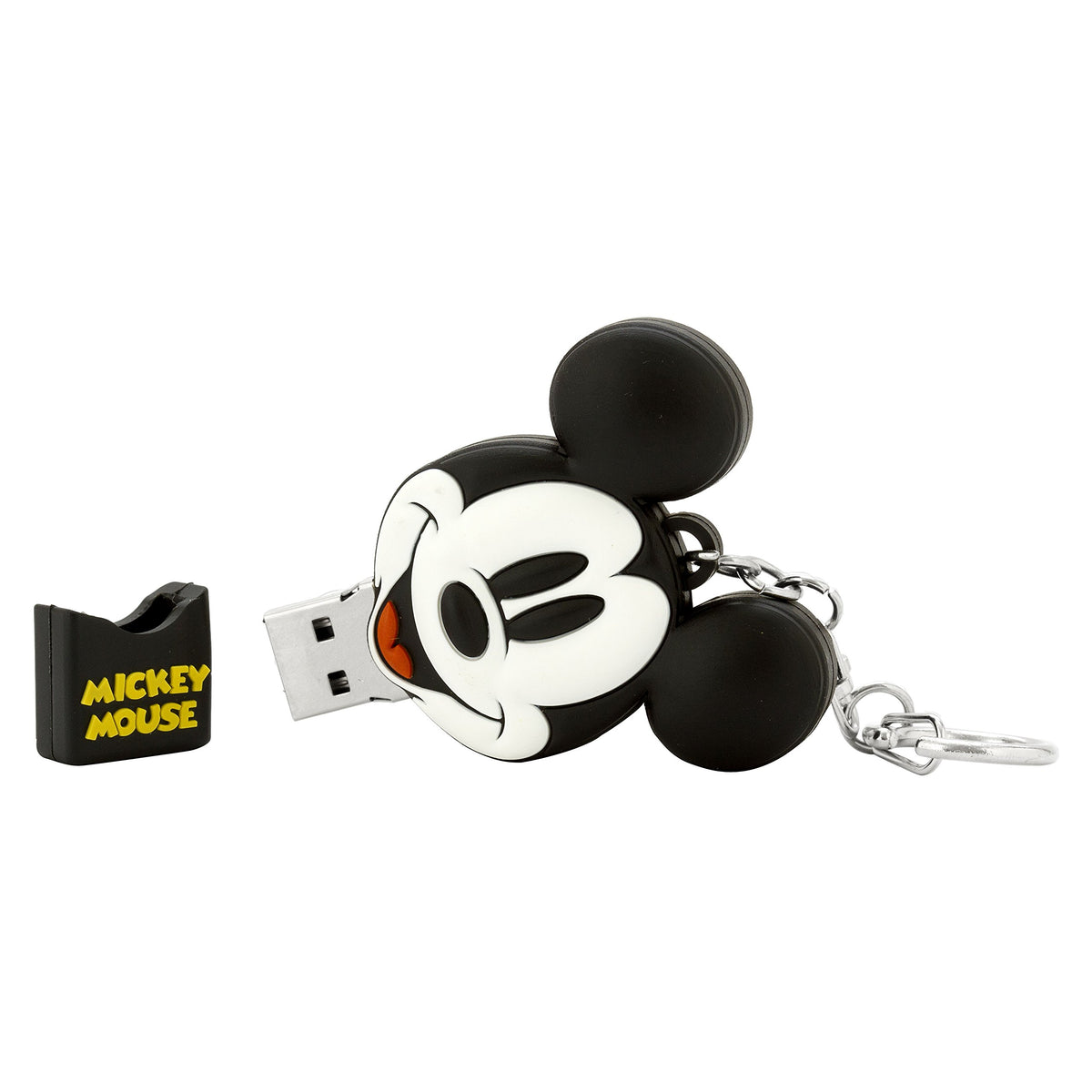 Mickey Mouse head USB drive lying on its side with the cap off and keyring attached