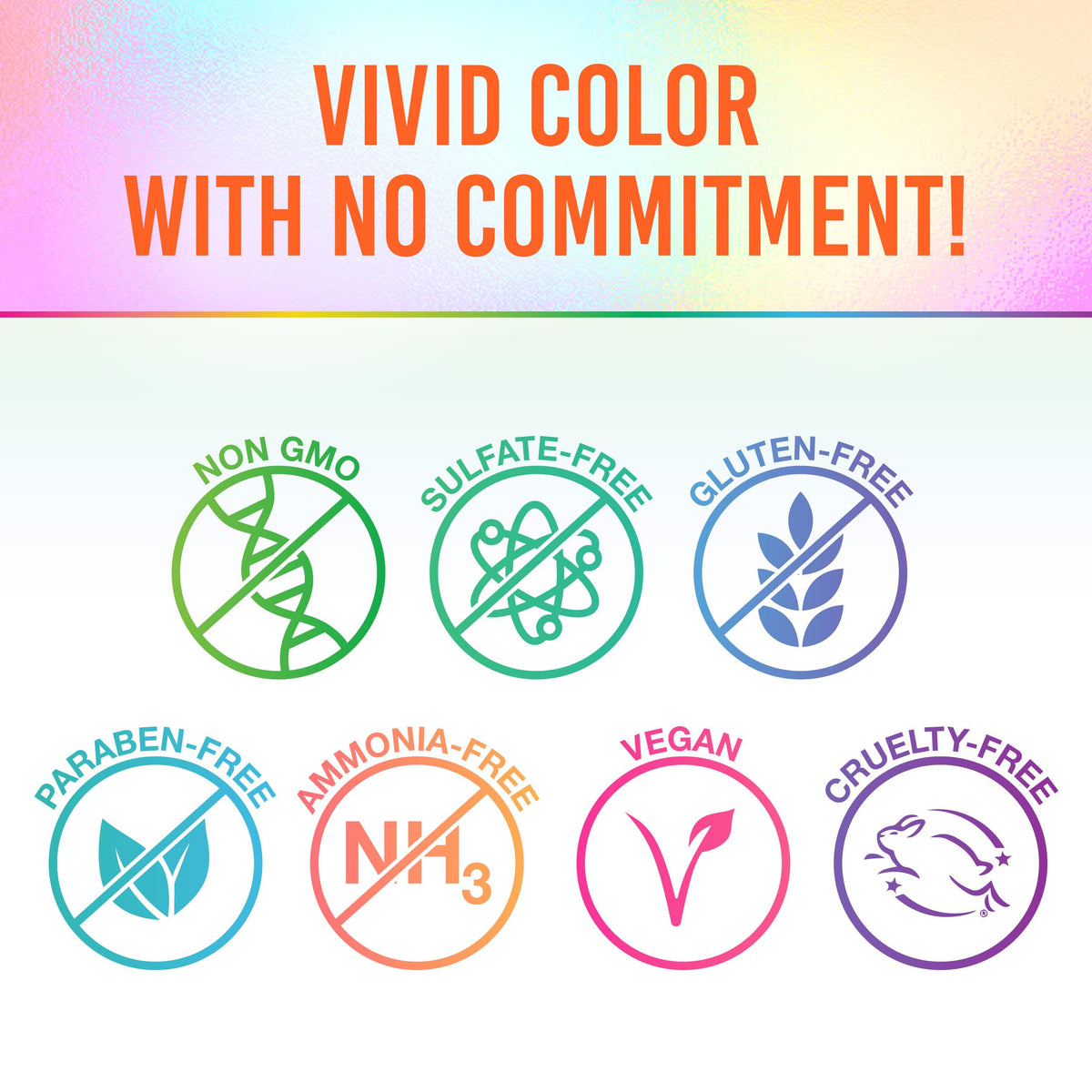 Icons for non-GMO, sulfate-free, gluten-free, paraben-free, ammonia-free, vegan and cruelty-free