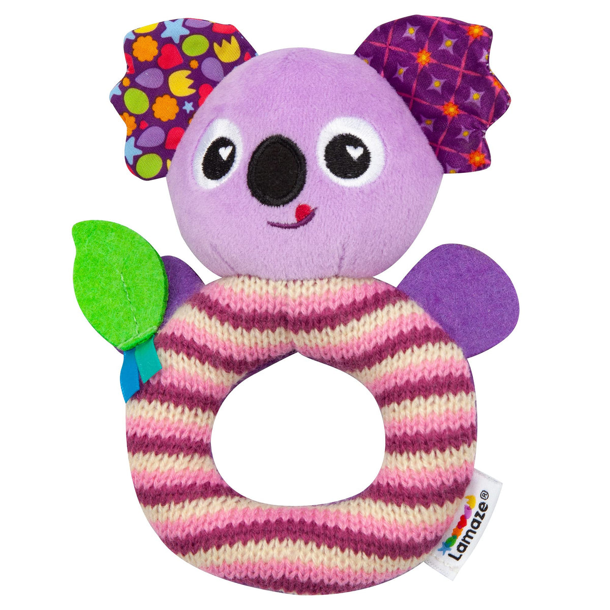 Lamaze purple koala baby rattle with patterned ears, a felt leaf and a striped knit ring