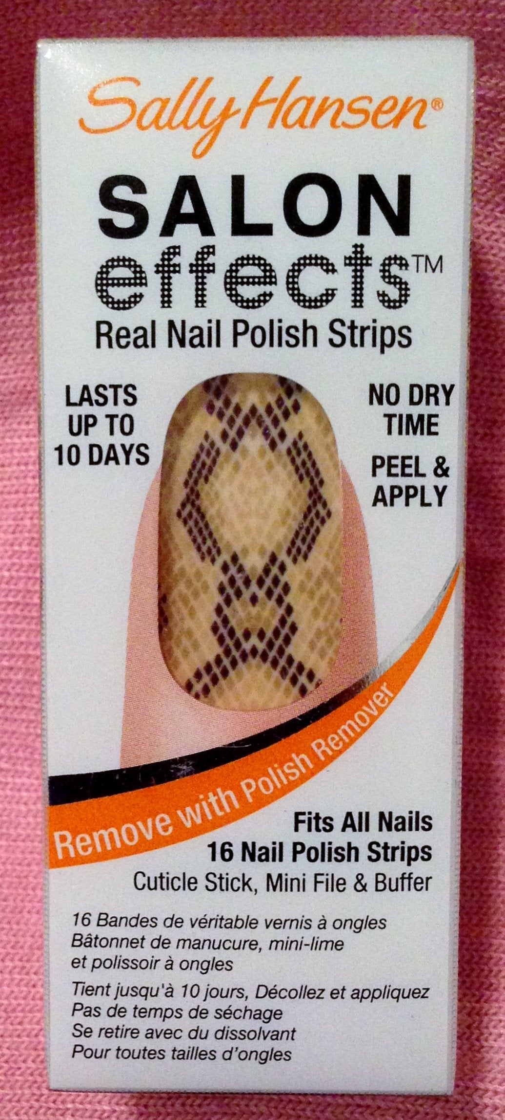 Box of nail polish strips with a tan and brown snakeskin pattern nail