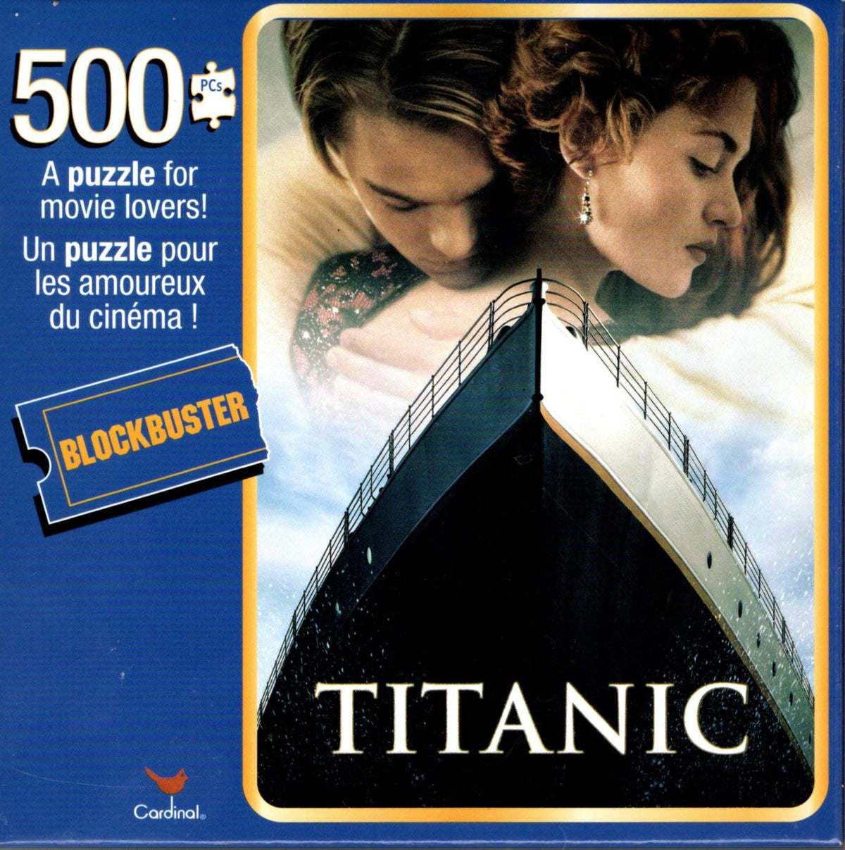 Front of the Blockbuster Titanic 500-piece puzzle box showing Jack, Rose and the ship's bow