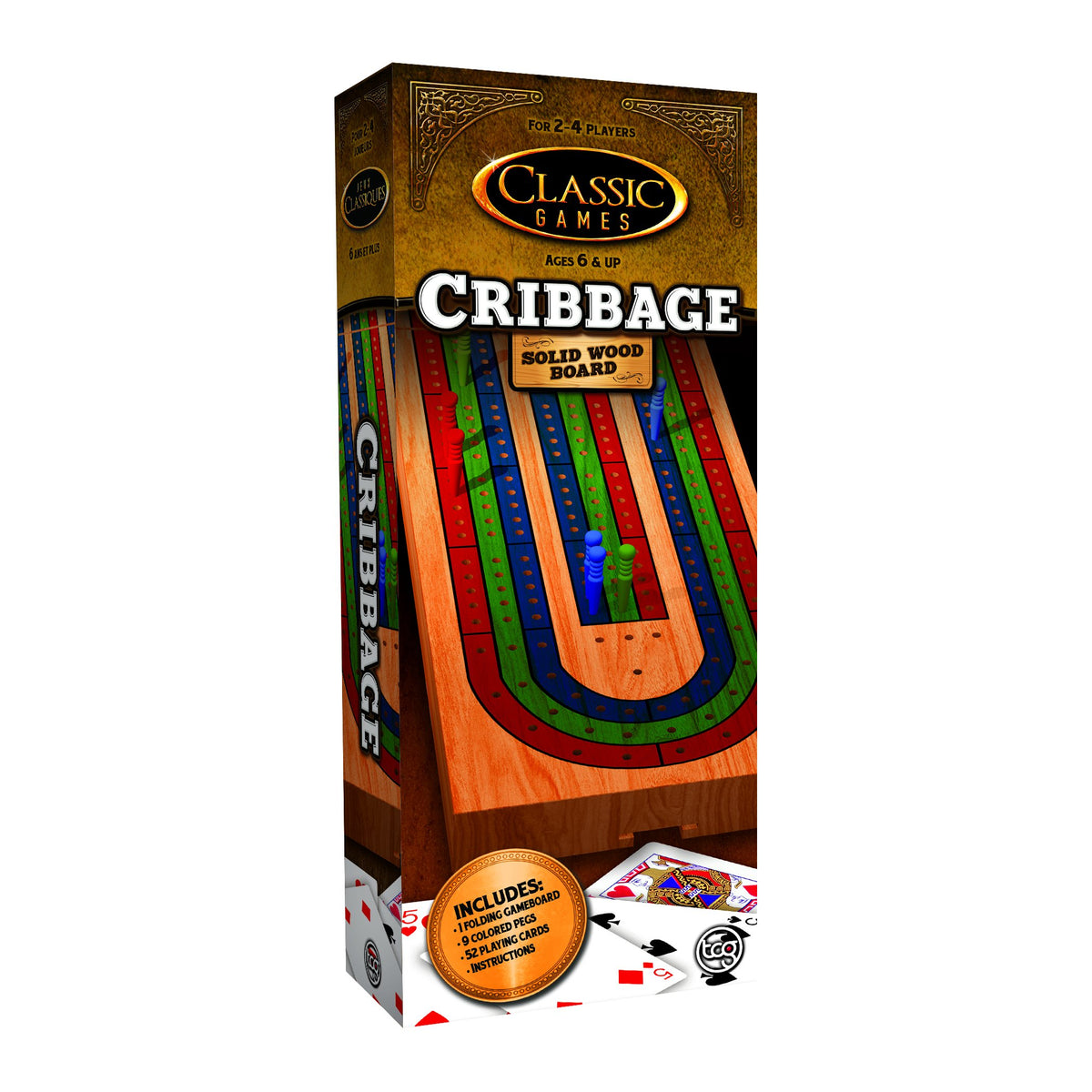 Tall box of a solid wood cribbage set with a coloured track board and playing cards