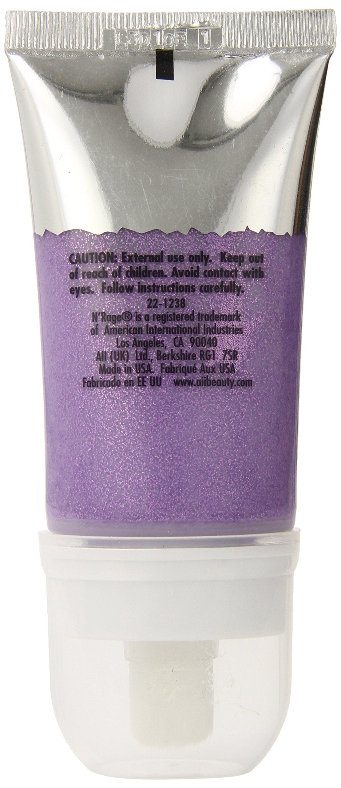 Back of the lavender glitter tube with caution text and maker details