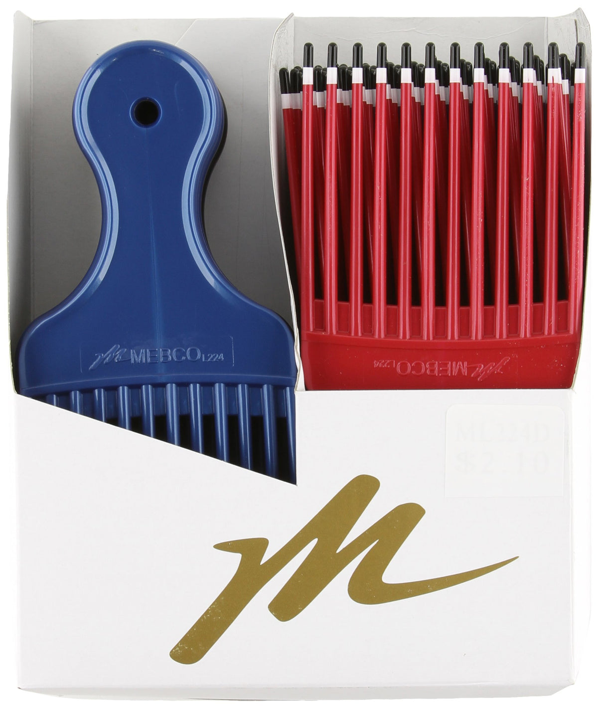Open display box of blue and red lift combs