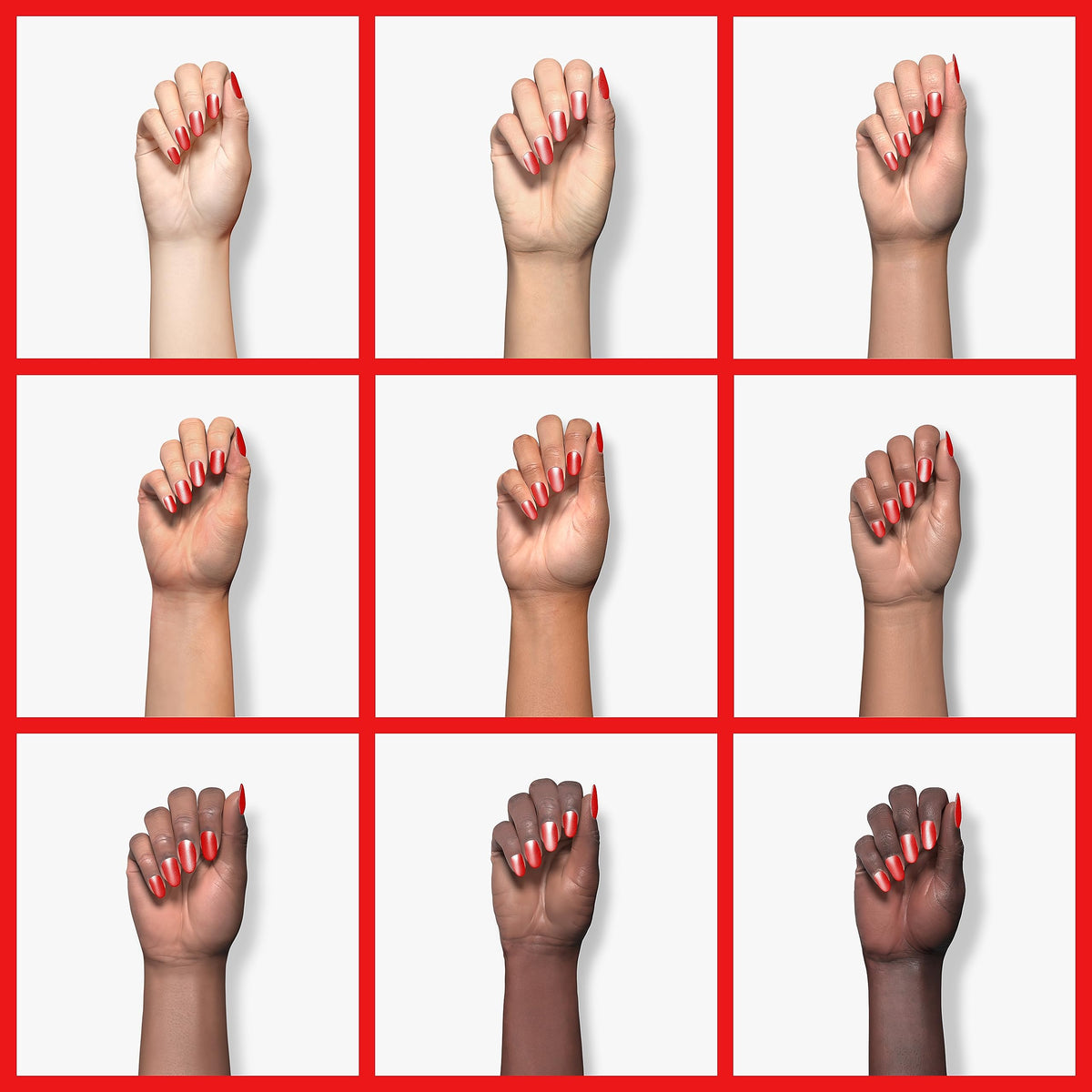 Nine hands in different skin tones wearing shimmery red nail polish