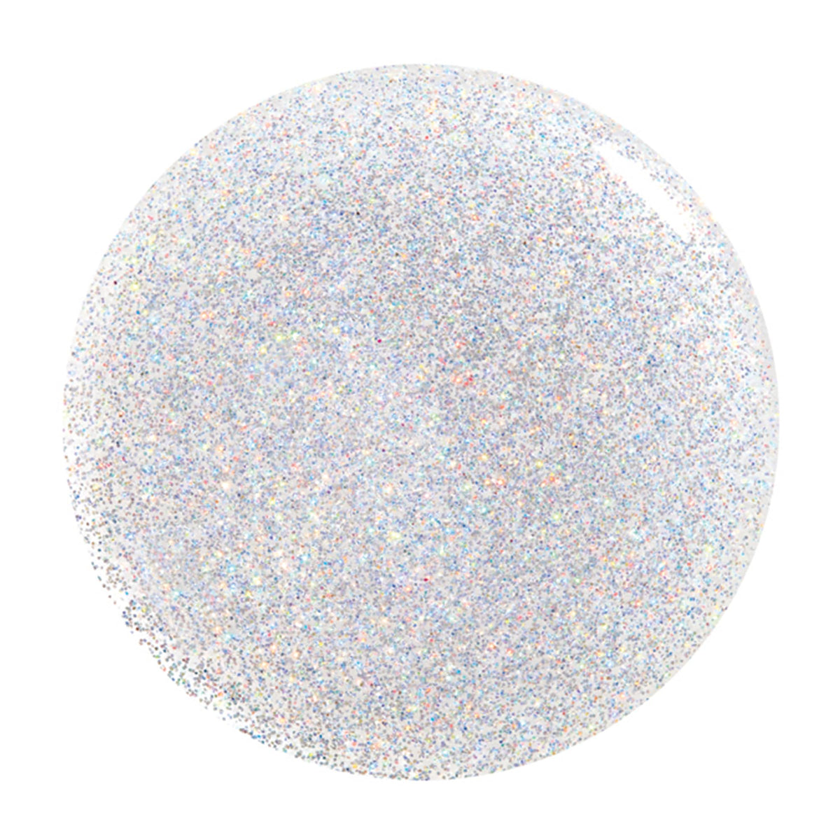 Round swatch of sparkling silver holographic micro-glitter polish