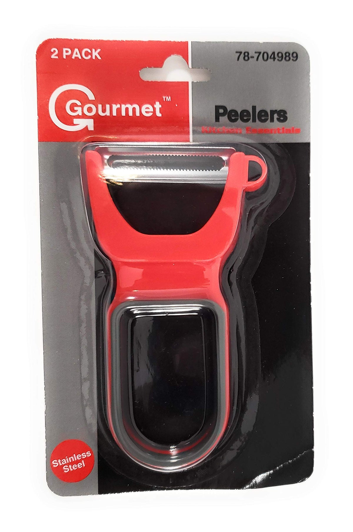 Gourmet red and black Y-shaped stainless steel vegetable peeler on 2-pack blister card
