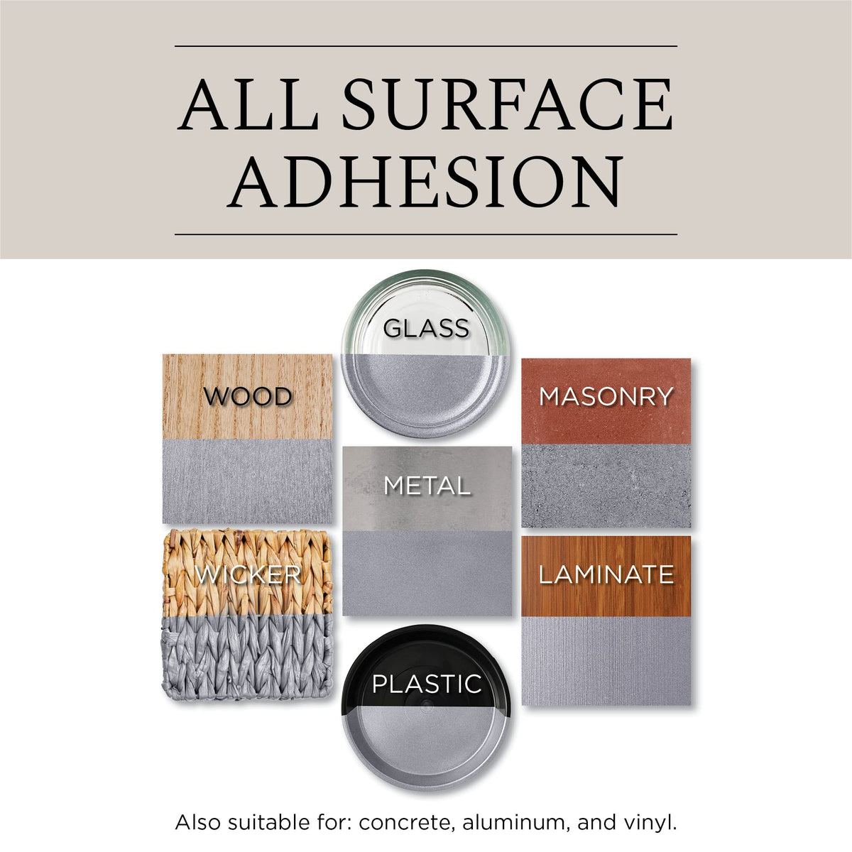 Seven material swatches half coated in metallic grey to show adhesion