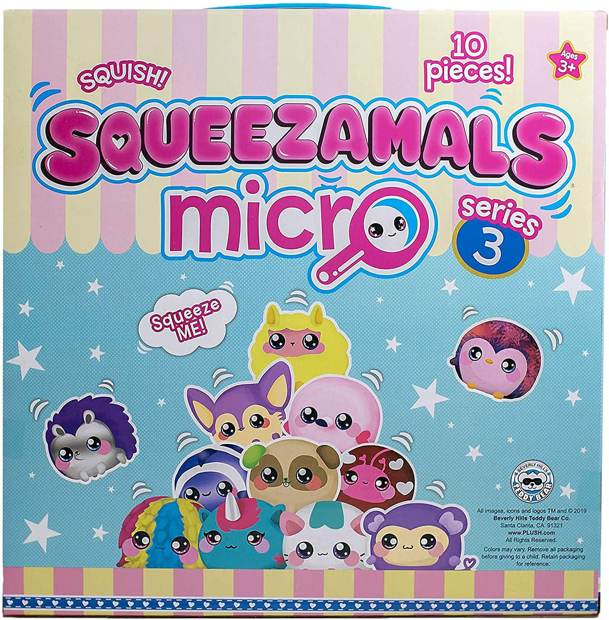 Back of the micro plush box with cartoon animals and 10 pieces text
