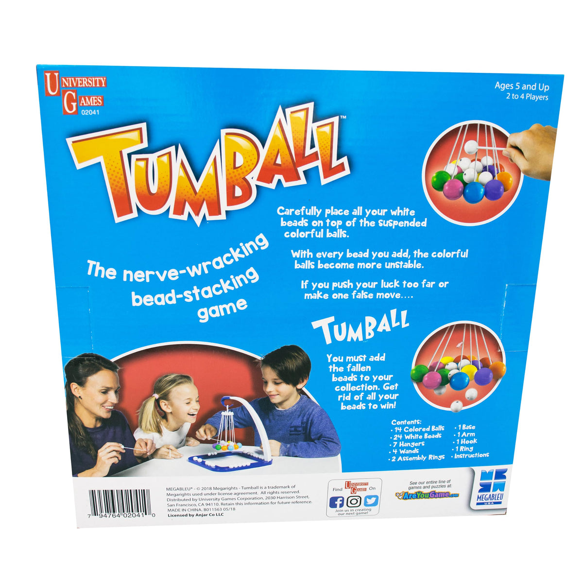 Back of the Tumball box standing upright, with rules, contents list and barcode