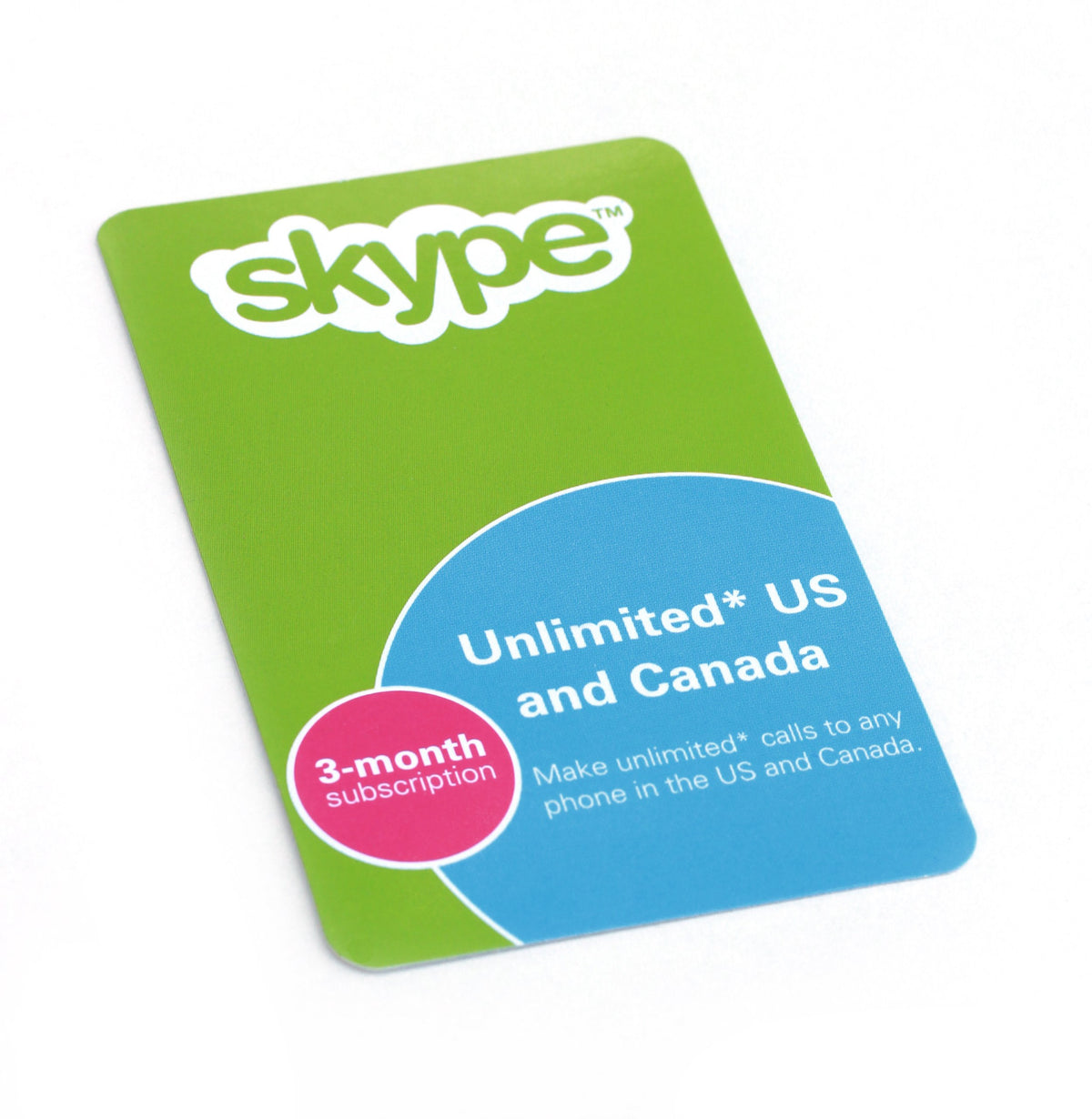Green and blue Skype voucher card for a 3-month unlimited US and Canada calling plan