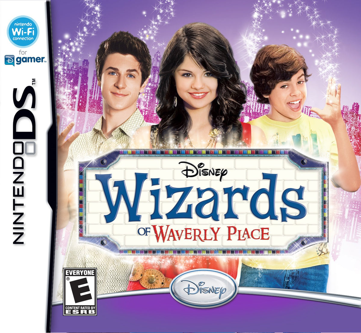 Wizards of Waverly Place DS case cover with the three Russo siblings on purple
