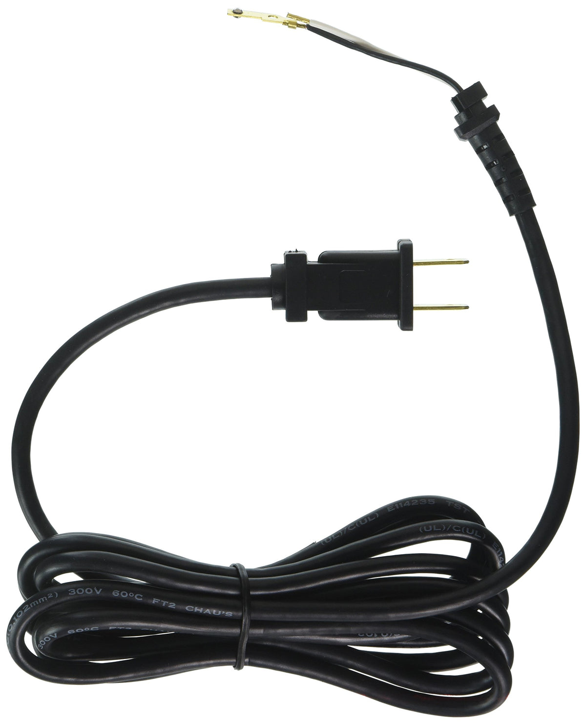 Black 2-wire replacement clipper cord with two-prong plug and spade terminals