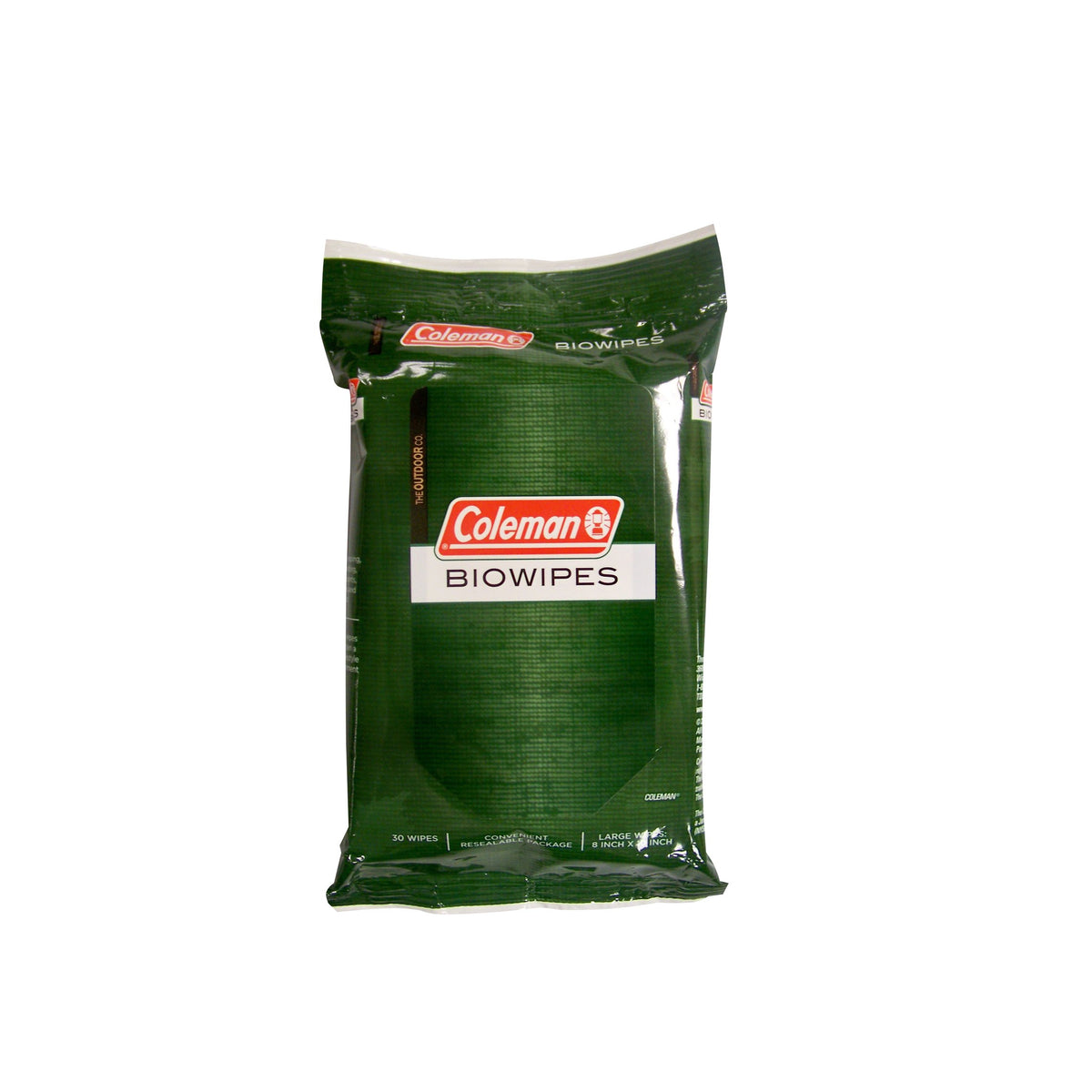 Green resealable pack of 30 Coleman Biowipes, large 8 x 11 inch wipes