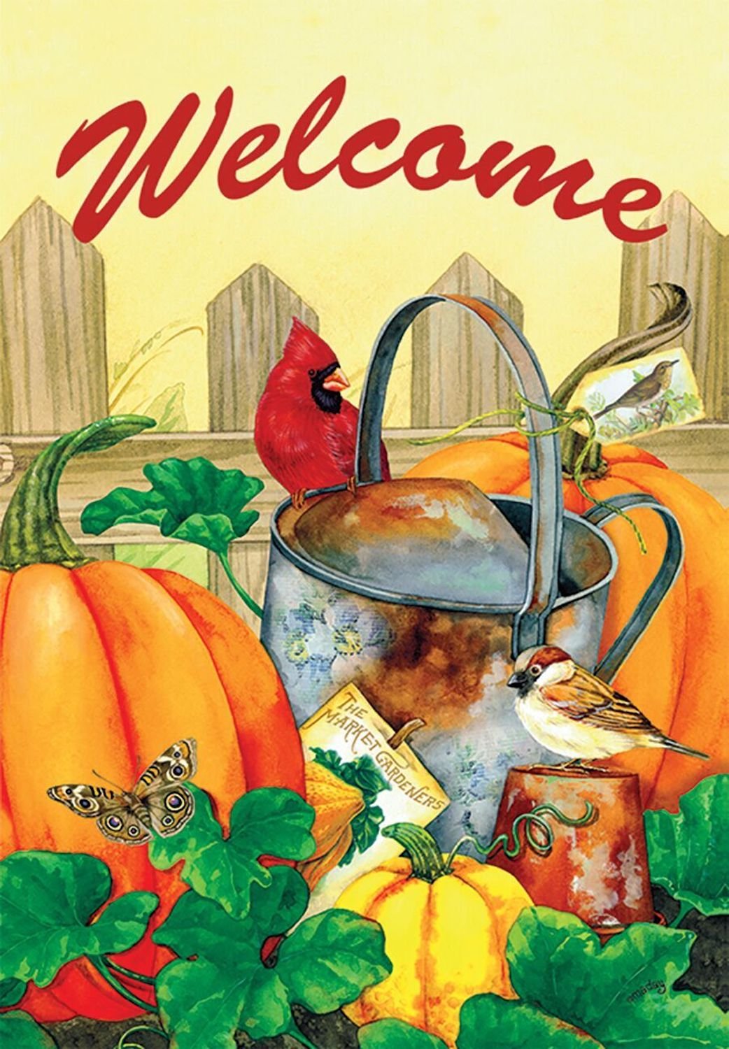 Flag with a cardinal and sparrow on a watering can among pumpkins and Welcome