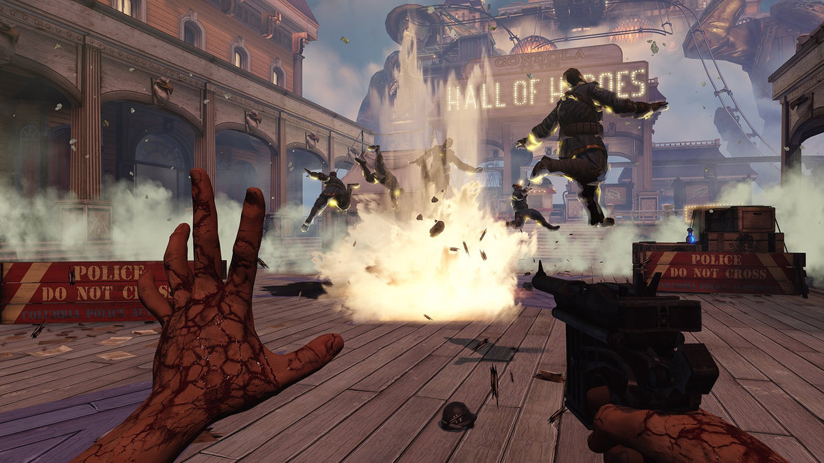 Game screenshot of a blast throwing enemies into the air on a boardwalk