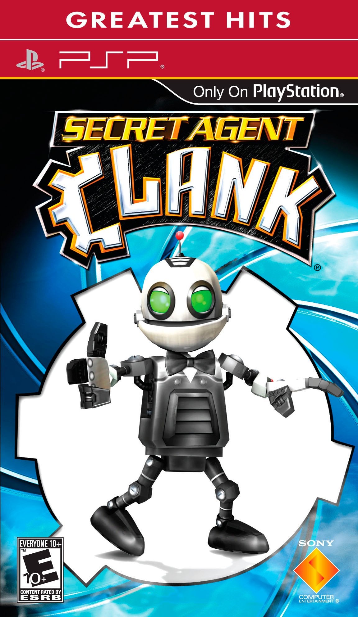 Secret Agent Clank PSP Greatest Hits case with the robot in a bow tie, rated E10+