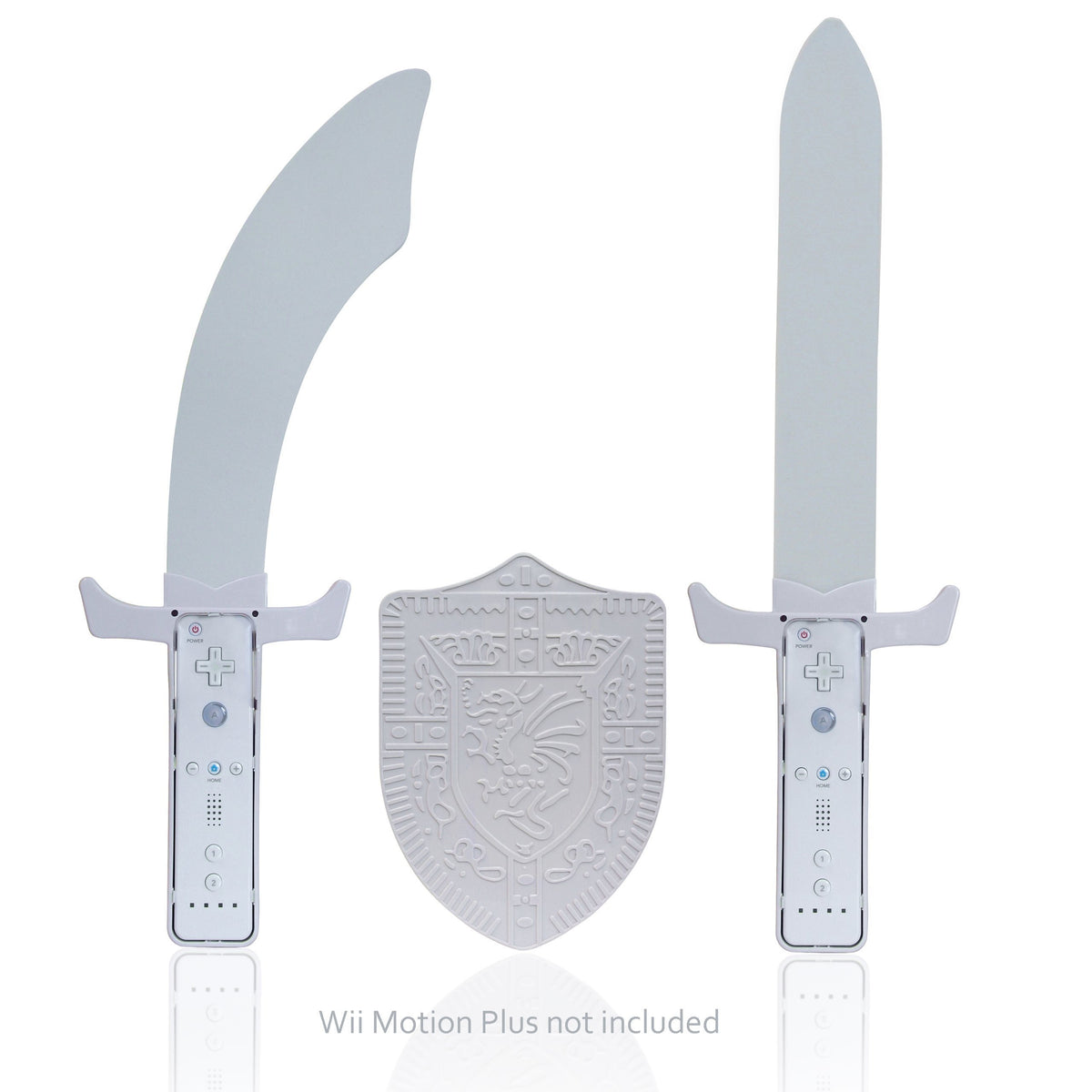 Two white sword attachments for Wii remotes, curved and straight, with a crest shield