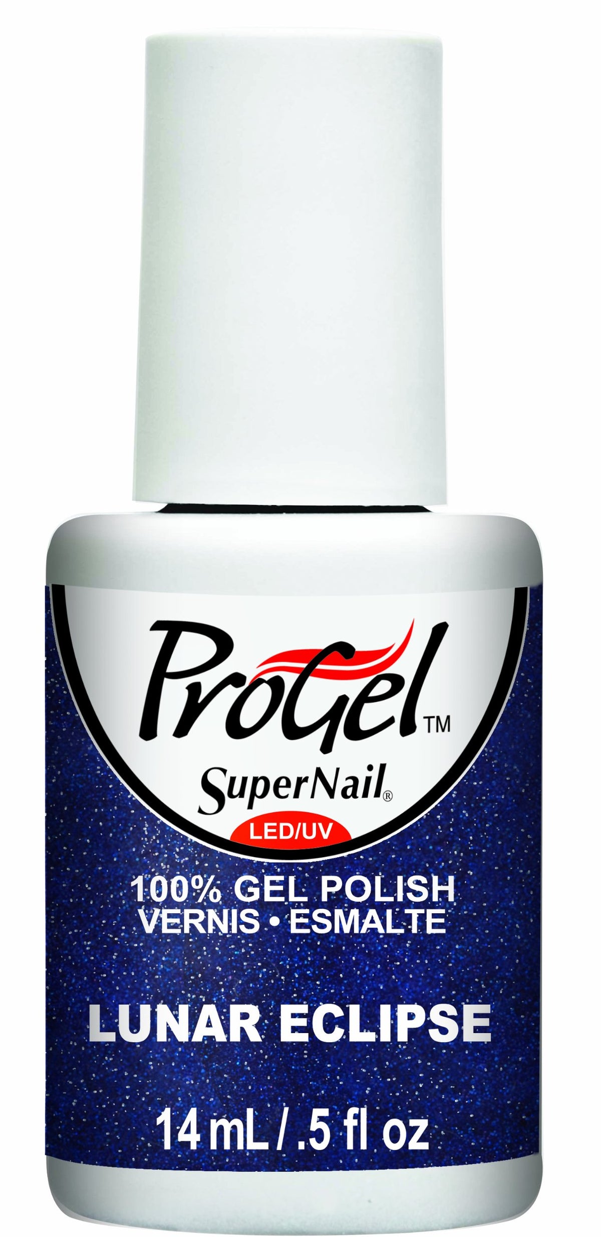 Gel polish bottle with a white cap and a navy blue sparkle label