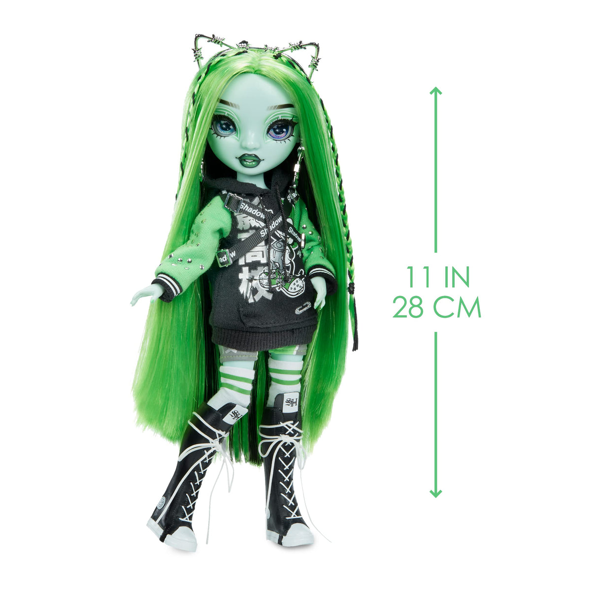Green-haired doll in a black hoodie and lace-up boots, 11 inches (28 cm) tall