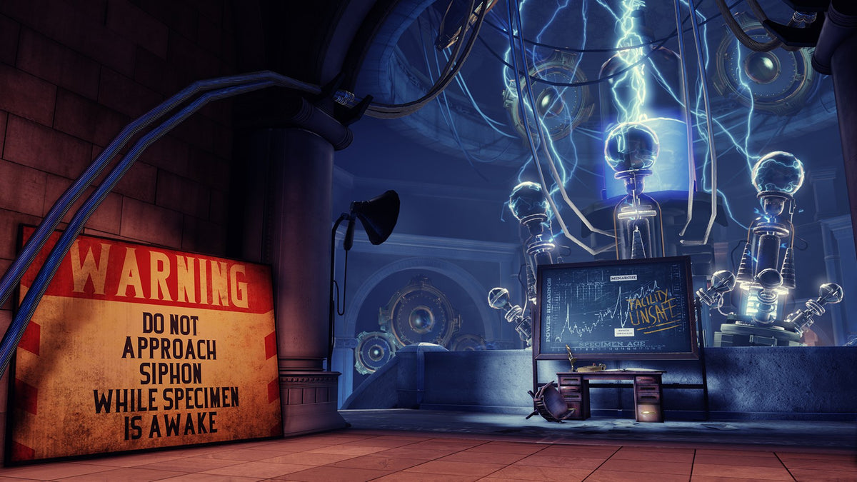 Game screenshot of a lab with crackling electric machines and a warning sign