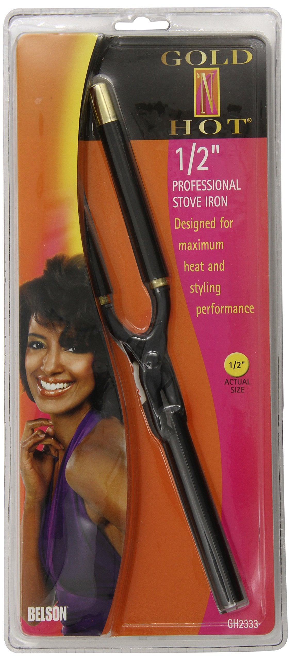 Gold N Hot 1/2 inch black professional stove iron in an orange and pink blister pack