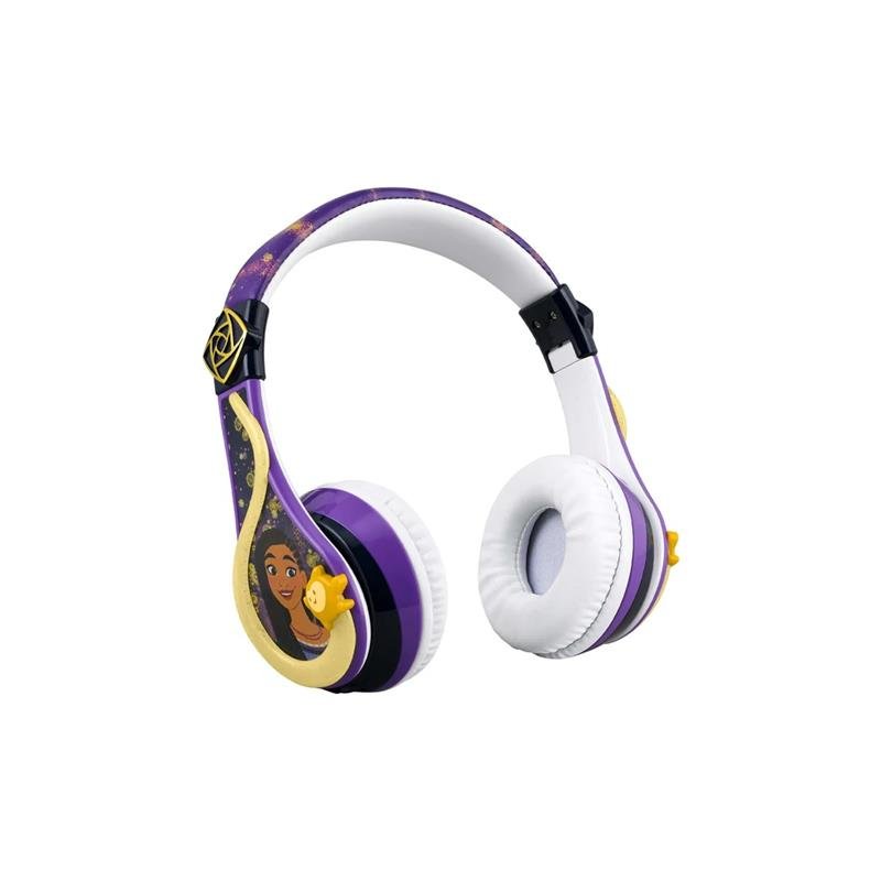 Purple and white kids headphones with a gold star and a smiling girl printed on the earcup