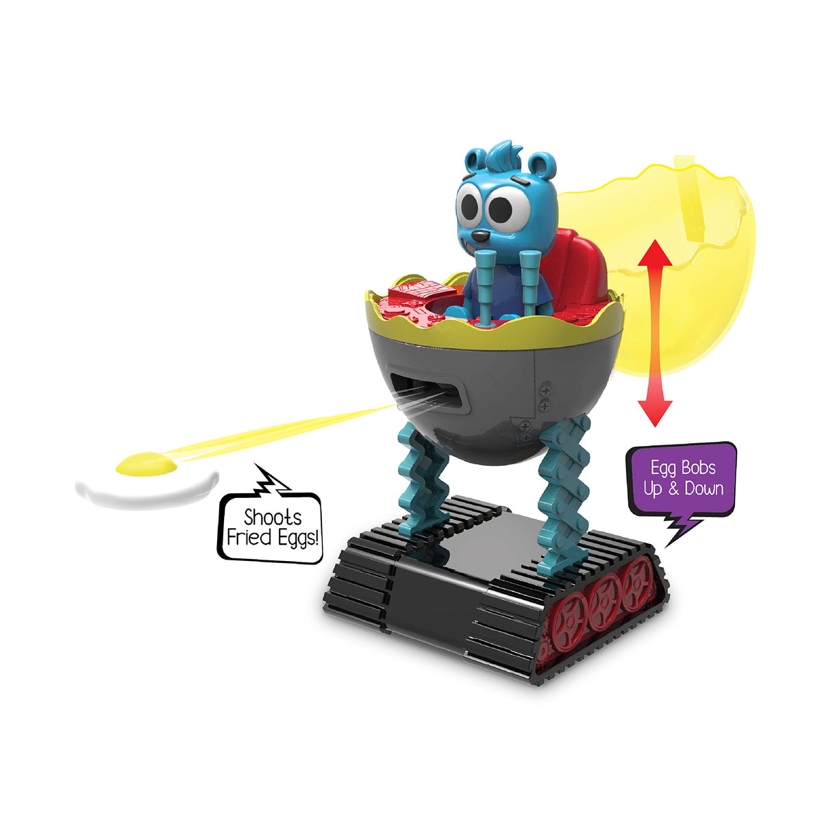 Blue bear riding the egg vehicle as it shoots a fried egg disc, egg bobs up and down