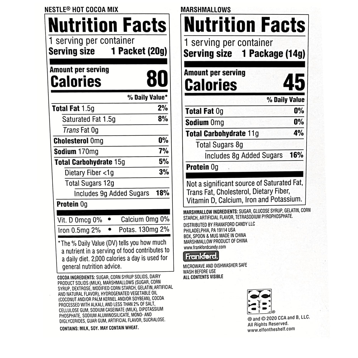 Nutrition facts and ingredients for the hot cocoa mix and marshmallows