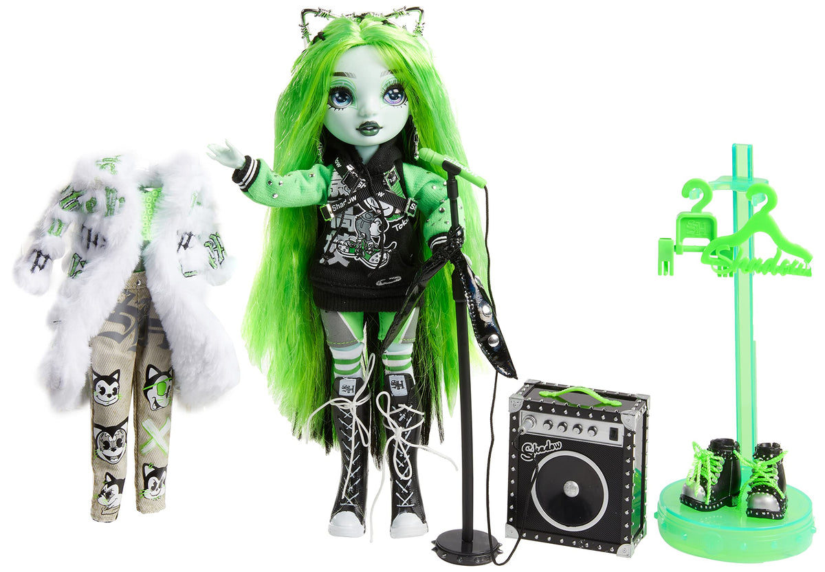 Green-haired doll with microphone stand, amp, spare outfit, boots and a green stand