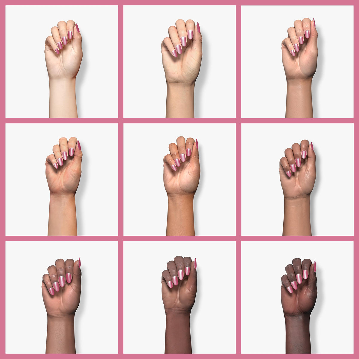 Nine hands in different skin tones wearing shimmery pink nail polish