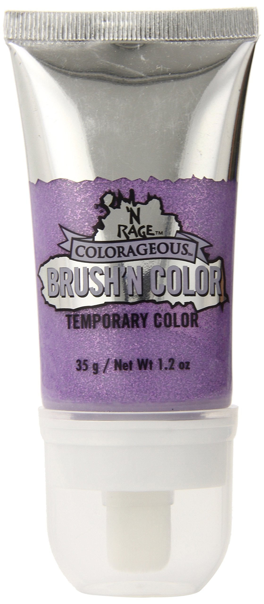 Silver and purple glitter tube of temporary hair colour with a brush applicator cap