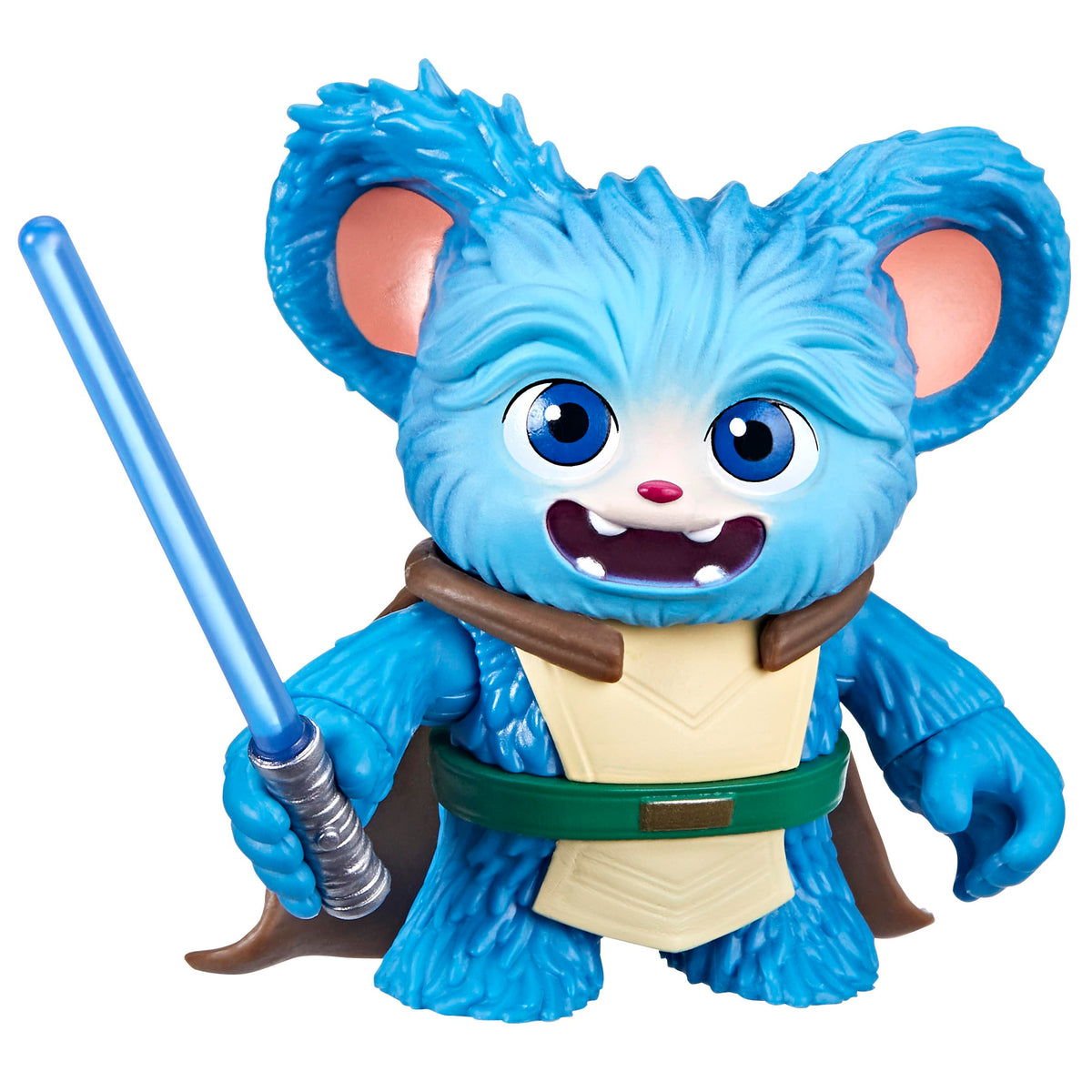 3 inch fuzzy blue creature figure with big ears, cream tunic, brown cape and blue lightsaber
